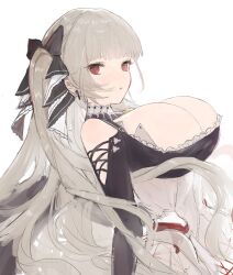 Rule 34 | 1girl, absurdres, azur lane, black bow, bow, breasts, cleavage, dal-gi, dress, formidable (azur lane), grey hair, hair bow, highres, large breasts, long hair, looking at viewer, open mouth, red eyes, simple background, solo, twintails, white background