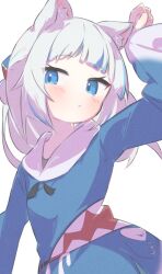 Rule 34 | 1girl, :&lt;, animal ear fluff, animal ears, animal hood, arm up, blue eyes, blue hair, blue hoodie, blush, closed mouth, commentary request, gawr gura, gawr gura (1st costume), grey hair, hair bun, hair ornament, hololive, hololive english, hood, hood down, hoodie, inaririn, long hair, long sleeves, looking at viewer, multicolored hair, shark hood, simple background, sleeves past wrists, solo, streaked hair, virtual youtuber, white background