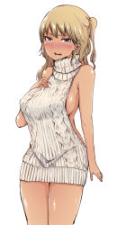 Rule 34 | 1girl, arm at side, backless dress, backless outfit, bare shoulders, blue eyes, blush, breasts, brown hair, cowboy shot, dark-skinned female, dark skin, dress, gensokigou, halterneck, hand on own chest, large breasts, legs together, looking at viewer, meme attire, naked sweater, no bra, open mouth, original, ribbed sweater, side ponytail, sideboob, simple background, solo, sweater, sweater dress, turtleneck, turtleneck sweater, virgin killer sweater, white background, white dress