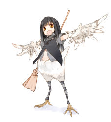 Rule 34 | 1girl, aka ume, black hair, broom, feathered wings, feathers, female focus, full body, harpy, monster girl, open mouth, original, simple background, solo, white background, wings