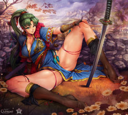 Rule 34 | 1girl, boots, breasts, cleavage, cutepet, earrings, emblem, fingerless gloves, fire, fire emblem, fire emblem: the blazing blade, fire emblem heroes, full body, fur trim, gloves, gold trim, green eyes, green hair, high heel boots, high heels, high ponytail, highres, jewelry, large breasts, long hair, lyn (fire emblem), mountain, nintendo, outdoors, pelvic curtain, pinup (style), plains, ponytail, realistic, side slit, smile, solo, spread legs, sword, weapon