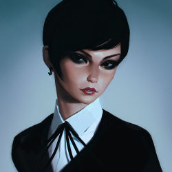 Rule 34 | 1girl, black eyes, black hair, dollar sign, gradient background, ilya kuvshinov, lips, original, short hair, solo