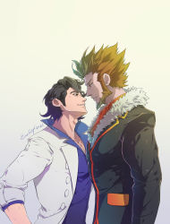 Rule 34 | 2boys, augustine sycamore, beard, black hair, buttons, commentary, creatures (company), curly hair, evinist, eye contact, facial hair, from side, fur-trimmed jacket, fur trim, game freak, highres, imminent kiss, jacket, lab coat, looking at another, lysandre (pokemon), male focus, multiple boys, nintendo, parted lips, pokemon, pokemon xy, shirt, signature, smile, symbol-only commentary, team flare, upper body, yaoi