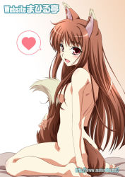 Rule 34 | 00s, animal ears, brown hair, gradient background, heart, holo, izumi mahiru, long hair, nude, red eyes, sitting, solo, spice and wolf, spoken heart, tail, very long hair, wolf ears, wolf tail