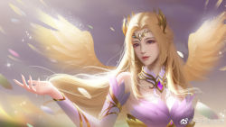 Rule 34 | 1girl, angel wings, bare shoulders, blonde hair, collar, douluo dalu, dress, falling feathers, feathers, golden wings, highres, long hair, looking to the side, outstretched arm, qian renxue (douluo dalu), qian renxue zhuye, solo, sparkle, upper body, white dress, wings
