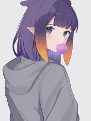 Rule 34 | 1girl, alternate costume, blue eyes, blunt bangs, blowing bubbles, chewing gum, commentary, ear piercing, english commentary, from side, gradient hair, grey hoodie, highres, hololive, hololive english, hood, hood down, hoodie, ku roiko, looking at viewer, looking to the side, medium hair, mole, mole under eye, multicolored hair, ninomae ina&#039;nis, orange hair, piercing, pointy ears, purple hair, simple background, solo, tentacle hair, virtual youtuber, white background