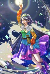 1girl :d ability_card_(touhou) blue_cape blue_eyes blue_hair boots cape capelet cloak cloud_print dress hairband highres kyabekko long_sleeves looking_at_viewer multicolored_clothes multicolored_dress multicolored_hairband open_mouth orange_sleeves patchwork_clothes pointing pointing_down pointing_up puffy_sleeves purple_footwear rainbow rainbow_gradient rainbow_hairband sky_print smile solo teeth tenkyuu_chimata touhou two-sided_cape two-sided_fabric upper_teeth_only white_cape white_capelet white_cloak