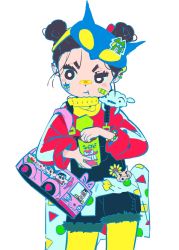 Rule 34 | 1girl, bag, bandaid, bead bracelet, beads, black eyes, black hair, blue overalls, blush stickers, bracelet, bright pupils, character request, closed mouth, clothes around waist, crayon shin-chan, dot nose, double bun, ear piercing, eating, flat color, flower, forehead, frayed clothes, hair bun, half-closed eye, highres, jewelry, layered clothes, long sleeves, looking away, looking to the side, mask, mask on head, on shoulder, original, overalls, piercing, red shirt, shirt, short eyebrows, simple background, solo, sticker, stitches, sunflower, thick eyebrows, translation request, v-shaped eyebrows, vivinos, white background, white pupils