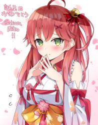 Rule 34 | 1girl, ahoge, bare shoulders, bell, blush, breasts, character name, cherry blossom print, closed mouth, detached sleeves, fingers together, floral print, green eyes, hair bell, hair ornament, hairclip, highres, himexin, hololive, looking at viewer, one side up, paw print, paw print pattern, petals, pink hair, sakura miko, sakura miko (1st costume), upper body, virtual youtuber