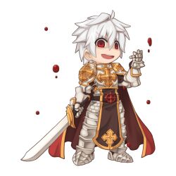 1boy armor blood blood_drop breastplate cape chainmail chibi chibi_only cross cross_of_prontera deranged_adventurer full_body gauntlets hair_between_eyes hand_up leg_armor long_bangs looking_at_viewer lord_knight_(ragnarok_online) male_focus official_art open_mouth pauldrons pelvic_curtain ragnarok_online red_cape shaded_face short_hair shoulder_armor simple_background smile solo spiked_gauntlets sword transparent_background v-shaped_eyebrows weapon white_hair yuichirou