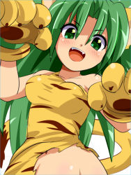 Rule 34 | 1girl, animal ears, animal hands, bare shoulders, cat ears, cat paws, cham cham, fangs, gloves, green eyes, green hair, konpeto, long hair, looking at viewer, matching hair/eyes, navel, open mouth, paw gloves, samurai spirits, solo