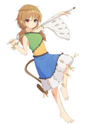 Rule 34 | 1girl, :3, absurdres, aqoot, arms up, bare shoulders, barefoot, blush, brown hair, brown tail, circlet, closed mouth, detached sleeves, dress, feet, frilled dress, frills, full body, hair tie, highres, holding, holding staff, long hair, looking at viewer, low twintails, monkey tail, multicolored clothes, multicolored dress, red eyes, ruyi jingu bang, simple background, single detached sleeve, sleeveless, sleeveless dress, solo, son biten, staff, standing, standing on one leg, tail, touhou, twintails, white background, white sleeves, wide sleeves