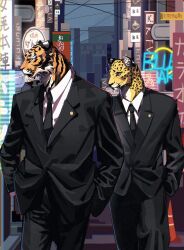 Rule 34 | 2boys, animal ears, billboard, black necktie, black pants, black suit, cigarette, city, closed mouth, collared shirt, cowboy shot, formal, furry, furry male, hands in pockets, highres, leopard boy, leopard ears, llishifu, looking to the side, male focus, multiple boys, necktie, neon lights, original, outdoors, pants, shirt, smoking, solo, standing, suit, tiger boy, tiger ears, walking, whiskers, white shirt