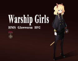 Rule 34 | 1girl, absurdres, aged up, arnold-s, bad id, bad pixiv id, black footwear, black jacket, black pantyhose, black skirt, blonde hair, blue eyes, brown background, buttons, capelet, character name, closed mouth, copyright name, double-breasted, full body, gloves, glowworm (warship girls r), gradient background, hair ribbon, high heels, highres, jacket, legs apart, long sleeves, looking to the side, military, military uniform, pantyhose, ribbon, scabbard, sheath, shoes, skirt, solo, standing, sword, text focus, twintails, uniform, warship girls r, weapon, white gloves