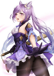 Rule 34 | 1girl, ass, breasts, commentary request, cone hair bun, double bun, dress, expulse, from side, genshin impact, gloves, hair bun, highres, holding, holding weapon, keqing (genshin impact), light purple hair, long hair, medium breasts, pants, pink eyes, purple gloves, sideboob, skirt, solo, twintails, weapon