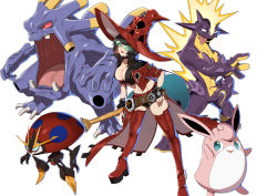 Rule 34 | 1girl, absurdres, black choker, black gloves, black hair, blunt bangs, boots, breasts, bug, choker, cleavage, creatures (company), cropped jacket, crossover, exploud, fingerless gloves, game freak, gen 1 pokemon, gen 3 pokemon, gen 8 pokemon, gloves, guilty gear, guilty gear strive, guitar, hat, high collar, highres, holding, holding instrument, i-no, instrument, jacket, large breasts, lips, makai, mole, mole above mouth, nintendo, orbeetle, parted lips, pokemon, pokemon (creature), red footwear, red jacket, short hair, short shorts, shorts, simple background, sunglasses, thigh boots, thighhighs, tongue, toxtricity, toxtricity (amped), white background, wigglytuff, witch hat