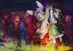 Rule 34 | 1boy, 6+girls, absurdres, blush, character request, closed mouth, closed eyes, facing viewer, furry, goggles, goggles on head, highres, long hair, looking at viewer, made in abyss, mitty (made in abyss), mitty (made in abyss) (human), multiple girls, nanachi (made in abyss), open mouth, prushka, red eyes, red hair, short hair, skirt, smile, tsukushi akihito, white hair, white skirt, yellow eyes