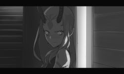 Rule 34 | 1girl, absurdres, arm tattoo, closed mouth, closet, earrings, facial mark, fate/grand order, fate (series), forehead mark, greyscale, hiding, highres, horns, ibaraki douji (fate), indoors, jewelry, letterboxed, long hair, looking to the side, monochrome, oni, pointy ears, portrait, sleeveless, solkorra, solo, sweatdrop, tattoo, upper body