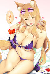 Rule 34 | 1girl, animal ear fluff, animal ears, bikini, blush, breasts, cleavage, eyewear on head, fang, fate/extra, fate/extra ccc, fate/extra ccc fox tail, fate/grand order, fate (series), fox ears, fox girl, fox tail, halterneck, heart, highres, hood, hooded jacket, jacket, jewelry, large breasts, long hair, long sleeves, looking at viewer, navel, necklace, off shoulder, open clothes, open jacket, orange hair, phone, purple bikini, sidelocks, smile, speech bubble, string bikini, sunglasses, suzuka gozen (fate), suzuka gozen (heavenly demon princess) (fate), swimsuit, tail, thick thighs, thighs, translated, unadon, white jacket, yellow eyes