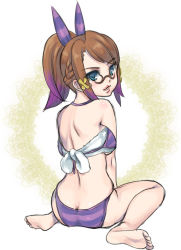 Rule 34 | 1girl, back, barefoot, bikini, brown hair, butt crack, chime, clavat, final fantasy, final fantasy crystal chronicles, final fantasy crystal chronicles: my life as a king, full body, glasses, hair ornament, multicolored hair, purple hair, selkie, soles, solo, striped bikini, striped clothes, swimsuit, tagme, toes, two-tone hair, x hair ornament