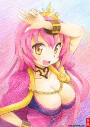 Rule 34 | 1girl, :d, arm up, breasts, chain, cleavage, crayon (medium), crown, gofu, large breasts, long hair, looking at viewer, making-of available, oda nobunaga (sengoku collection), open mouth, pink hair, sengoku collection, smile, solo, traditional media, yellow eyes