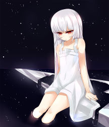 Rule 34 | 1girl, bare shoulders, dress, enki (dragonfire), flat chest, looking down, partially submerged, red eyes, science fiction, sitting, solo, space, white dress, white hair