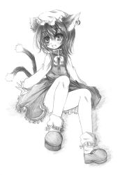 Rule 34 | 1girl, animal ears, blush, cat ears, cat girl, cat tail, chen, dress, earrings, fang, female focus, greyscale, hat, jewelry, kurona, monochrome, multiple tails, open mouth, ribbon, short hair, simple background, single earring, sitting, sketch, smile, solo, tail, touhou, traditional media, white background