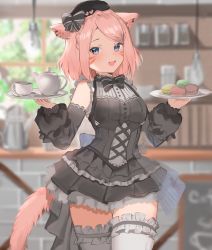 Rule 34 | 1girl, animal ears, bare shoulders, black bow, black hat, blue eyes, blurry, blurry background, blush, bow, bowtie, braid, breasts, chalkboard, commentary request, cross-laced clothes, cup, day, detached sleeves, dress, dress bow, facepaint, fang, final fantasy, final fantasy xiv, food, frilled dress, frilled thighhighs, frills, grey thighhighs, hair bow, hair ornament, hands up, hat, highres, holding, holding plate, indoors, light bulb, long sleeves, looking at viewer, macaron, medium hair, miqo&#039;te, open mouth, pink hair, plate, puffy sleeves, skin fang, small breasts, smile, solo, sorotu, swept bangs, tail, teacup, teapot, thighhighs, warrior of light (ff14), window