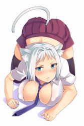 Rule 34 | 1girl, animal ears, arios (orochi yuta), blue eyes, blush, breasts, cat ears, cat tail, cleavage, covered erect nipples, large breasts, looking at viewer, necktie, original, pout, short hair, solo, tail, top-down bottom-up, white hair