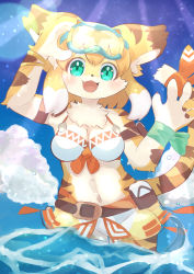 Rule 34 | 1girl, :3, animal ear fluff, animal ears, animal nose, arm pouch, arm ribbon, arm up, armband, bangle, bare shoulders, belt pouch, bikini, bikini skirt, blonde hair, blue-framed eyewear, blue sky, blush, body fur, bracelet, breasts, brown fur, brown hair, claws, cleavage, cloud, day, eyewear on head, fang, female focus, front-tie bikini top, front-tie top, furry, furry female, goggles, green eyes, green ribbon, hand up, happy, highres, jewelry, light particles, light rays, looking at viewer, medium breasts, medium hair, mia (world flipper), momiji (fende1108), navel, official alternate costume, open mouth, outdoors, partially submerged, pouch, red ribbon, ribbon, see-through, sidelocks, skin fang, sky, smile, solo, stomach, sunlight, swimsuit, tail, tail ornament, tail raised, tail ribbon, thigh strap, tiger ears, tiger girl, tiger tail, wading, water, waving, white bikini, white fur, white hair, wide-eyed, world flipper, yellow fur