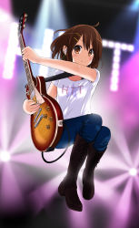 Rule 34 | 1girl, boots, brown eyes, brown hair, clothes writing, denim, earbuds, earphones, gibson, guitar, hair ornament, hairclip, highres, hirasawa yui, instrument, jeans, jumping, k-on!, kimatg, knee boots, gibson les paul, pants, shirt, short hair, solo, spotlight, stage, t-shirt, ultimate ears