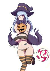 Rule 34 | 1girl, :q, armpits, arms up, bare arms, bare shoulders, blue hair, blunt bangs, blush, breasts, candy, cape, cleavage, commentary, curvy, disembodied head, dullahan, dullahan (monster girl encyclopedia), food, gloves, gluteal fold, halloween costume, hat, highres, holding head, jack-o&#039;-lantern, large breasts, leg up, lollipop, long hair, looking at viewer, monster girl encyclopedia, nav (itsnav), navel, one eye closed, oversized object, panties, pointy ears, pumpkin, purple cape, purple footwear, purple gloves, purple hat, red eyes, shoes, simple background, skindentation, solo, standing, standing on one leg, stomach, striped clothes, striped panties, striped thighhighs, tattoo, thick thighs, thigh gap, thighhighs, thighs, tongue, tongue out, underwear, white background, wink, witch hat
