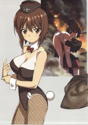 Rule 34 | 10s, 2girls, a1 (initial-g), agent aika, aika (series), ass, bare shoulders, blush, breasts, brown eyes, brown hair, carrying, cleavage, detached collar, fishnet pantyhose, fishnets, girls und panzer, hat, highres, large breasts, leotard, looking at viewer, multiple girls, nishizumi maho, non-web source, panties, pantyhose, parody, playboy bunny, rabbit tail, scan, scan artifacts, shoulder carry, tail, tan, tanline, unconscious, underwear, white panties, wrist cuffs