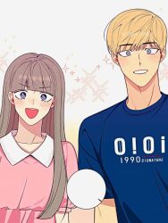 Rule 34 | 1boy, 1girl, blonde hair, blue shirt, blush, cherry blossoms after winter, happy, jo yonghee, light brown hair, long hair, looking at viewer, nam jia, pink shirt, purple eyes, shirt, simple background, smile, sparkle, tongue, very long hair, white background