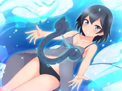Rule 34 | 1girl, absurdres, bare arms, bare shoulders, black hair, black panties, blue eyes, breasts, collarbone, commentary, cosplay, dress, grey dress, grin, harp, harp seal (kemono friends), harp seal (kemono friends) (cosplay), highres, instrument, kemono friends, looking at viewer, medium breasts, outstretched arms, panties, shiraha maru, short hair, smile, solo, spaghetti strap, superb bird-of-paradise (kemono friends), underwear