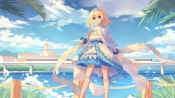 Rule 34 | 1girl, absurdres, alice margatroid, alternate color, alternate costume, blue dress, blue hairband, blue sky, breasts, bridge, building, bush, cleavage, cloud, commentary, dress, frilled dress, frills, grass, hair between eyes, hairband, highres, lace-trimmed hairband, lace trim, legs, legs apart, mechrailgun, medium breasts, medium hair, ocean, open mouth, palm tree, sky, solo, standing, touhou, town, train, tree, waves, white dress, wrist cuffs