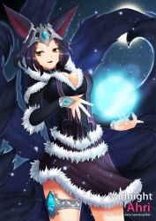 Rule 34 | 1girl, :d, ahri (league of legends), alternate costume, alternate hair length, alternate hairstyle, animal ears, bad id, bad pixiv id, breasts, character name, cleavage, cowboy shot, energy ball, fingernails, fox ears, fox tail, fur trim, gem, glowing, hanato (seonoaiko), helmet, large breasts, league of legends, light particles, long fingernails, looking to the side, magic, midnight ahri, multiple tails, night, open mouth, seonoaiko, short hair, smile, solo, tail, thighlet, turtleneck, watermark, web address, yellow eyes