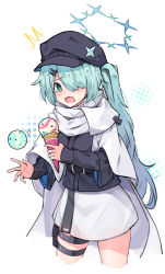 Rule 34 | asymmetrical bangs, belt, black belt, black sweater, blue archive, cabbie hat, food, green eyes, hair ornament, hair over one eye, hairclip, halo, hat, hiyori (blue archive), ice cream, ice cream cone, light green hair, open mouth, pouch, sabojuuu, scarf, side ponytail, skirt, sweater, tears, thigh pouch, white scarf, white skirt