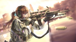 Rule 34 | 1girl, blue eyes, brown hair, building, camouflage, city, cityscape, desert, ear protection, finger on trigger, gloves, gun, gun sling, hair ribbon, headphones, highres, holding, holding weapon, looking to the side, military, military uniform, minaret, mk12 spr, original, bulletproof vest, ponytail, ribbon, rifle, rifle cartridge, rooftop, scope, solo, strap, tactical clothes, tanto (tc1995), uniform, weapon