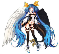 Rule 34 | 1girl, absurdres, angel wings, asymmetrical wings, bare shoulders, belt, black panties, black thighhighs, blue hair, blush, breasts, choker, cleavage, closed mouth, detached collar, detached sleeves, dizzy (guilty gear), full body, gluteal fold, grey background, guilty gear, guilty gear xrd, hair ribbon, hair rings, high heels, highres, kaleid, long sleeves, looking at viewer, medium breasts, midriff, monster girl, navel, panties, puffy long sleeves, puffy sleeves, red eyes, ribbon, sidelocks, simple background, skindentation, solo, stomach, tail, tail ornament, tail ribbon, thigh gap, thigh strap, thighhighs, twintails, underwear, wings, yellow ribbon