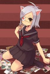 Rule 34 | 1girl, animal ears, bad id, bad pixiv id, cat ears, character request, eyepatch, nekomo, paper man, photo (object), school uniform, silver hair, sitting, skirt, smile, solo, striped, striped background, wariza