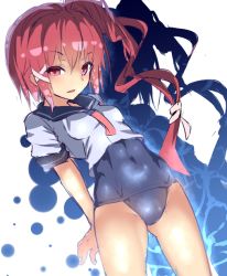 Rule 34 | 10s, 1girl, ayagi daifuku, i-168 (kancolle), kantai collection, long hair, old school swimsuit, one-piece swimsuit, ponytail, red eyes, red hair, school swimsuit, school uniform, serafuku, solo, swimsuit, swimsuit under clothes