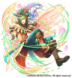 Rule 34 | 1boy, :d, aura, beckoning, boots, brown footwear, capelet, circlet, coat, coattails, copyright notice, creature, crown, energy wings, flower, flute, full body, gloves, green hair, green pants, instrument, knee boots, long sleeves, looking at viewer, male focus, medium hair, official art, open mouth, ori simo, pants, parted bangs, petals, pink flower, pink rose, pink wings, pointy ears, poleyn, rose, sash, senkuu no reconquista, smile, solo, sparkle, teeth, upper teeth only, white background, white gloves, wings, yellow capelet, yellow coat, yellow eyes, yellow sash