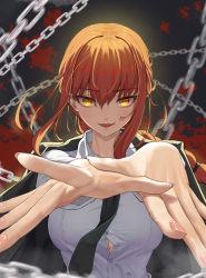 Rule 34 | 1girl, absurdres, bangom r, black jacket, black necktie, breasts, button gap, chain, chainsaw man, highres, jacket, jacket on shoulders, large breasts, long sleeves, looking at viewer, makima (chainsaw man), nail polish, necktie, pink nails, reaching, reaching towards viewer, red hair, ringed eyes, sidelocks, solo, taut clothes, yellow eyes