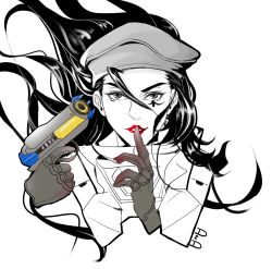 Rule 34 | 1girl, absurdres, aged down, ana (overwatch), armor, beret, black hair, bodysuit, brown gloves, captain amari, character name, eyelashes, face, facial mark, facial tattoo, female focus, finger to mouth, floating hair, gloves, gun, hair between eyes, handgun, hat, highres, holding, holding gun, holding weapon, jacket, limited palette, lips, lipstick, long hair, looking at viewer, makeup, military, military uniform, official alternate costume, overwatch, overwatch 1, parted lips, partially colored, power armor, power suit, red lips, shushing, solo, spot color, suishi666, tattoo, uniform, weapon, white background