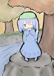 Rule 34 | 1girl, ;d, autumn, blue dress, blue eyes, blue hair, blush, dress, female focus, grass, kawashiro nitori, long sleeves, looking at viewer, lowres, matching hair/eyes, one eye closed, open mouth, outdoors, river, rock, shore, smile, solo, standing, touhou, two side up, water