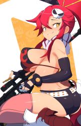 Rule 34 | 1girl, ass, belt, bikini, bikini top only, breasts, elbow gloves, female focus, flame print, from behind, gloves, gun, hair ornament, highres, jellcaps, large breasts, long hair, looking at viewer, looking back, ponytail, red hair, rifle, scarf, shiny skin, short shorts, shorts, sitting, skindentation, skull hair ornament, smug, sniper rifle, solo, studded belt, swimsuit, tengen toppa gurren lagann, underboob, wariza, weapon, yoko littner