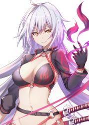 Rule 34 | 1girl, ahoge, bikini, black bikini, black choker, black gloves, black jacket, breasts, choker, cleavage, commentary request, cropped jacket, fate/grand order, fate (series), gloves, highres, jacket, jeanne d&#039;arc alter (swimsuit berserker) (fate), jeanne d&#039;arc (fate), jeanne d&#039;arc alter (fate), jeanne d&#039;arc alter (swimsuit berserker) (fate), katana, kuen (kuennn12), large breasts, long hair, o-ring, o-ring bikini, o-ring bottom, o-ring top, shrug (clothing), solo, swimsuit, sword, weapon, white background, yellow eyes