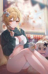 Rule 34 | 1girl, blonde hair, blush, bra, breasts, cleavage, closed mouth, clothes lift, coffee, drink, feet out of frame, flower, genshin impact, hair between eyes, hair flower, hair ornament, highres, holding, holding drink, large breasts, lifting own clothes, long sleeves, looking at viewer, lumine (genshin impact), merumeko, no pants, paimon (genshin impact), panties, shirt lift, short hair with long locks, sitting, smile, solo, thighs, underwear, white bra, white panties