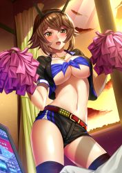 Rule 34 | 10s, 1girl, :d, alternate costume, bandeau, belt buckle, black jacket, black shorts, black thighhighs, blush, breasts, brown hair, buckle, cheerleader, cleavage, cloud, cowboy shot, cropped jacket, curtains, dutch angle, eyebrows, front-tie top, glass, green eyes, hair between eyes, headgear, holding, indoors, jacket, jewelry, kantai collection, kneeling, large breasts, looking at viewer, midriff, monitor, mutsu (kancolle), navel, necklace, open clothes, open jacket, open mouth, pom pom (cheerleading), shade, shibata rai, shiny skin, short hair, short sleeves, shorts, sidelocks, sky, smile, solo, stomach, thighhighs, underboob, wall, yellow eyes